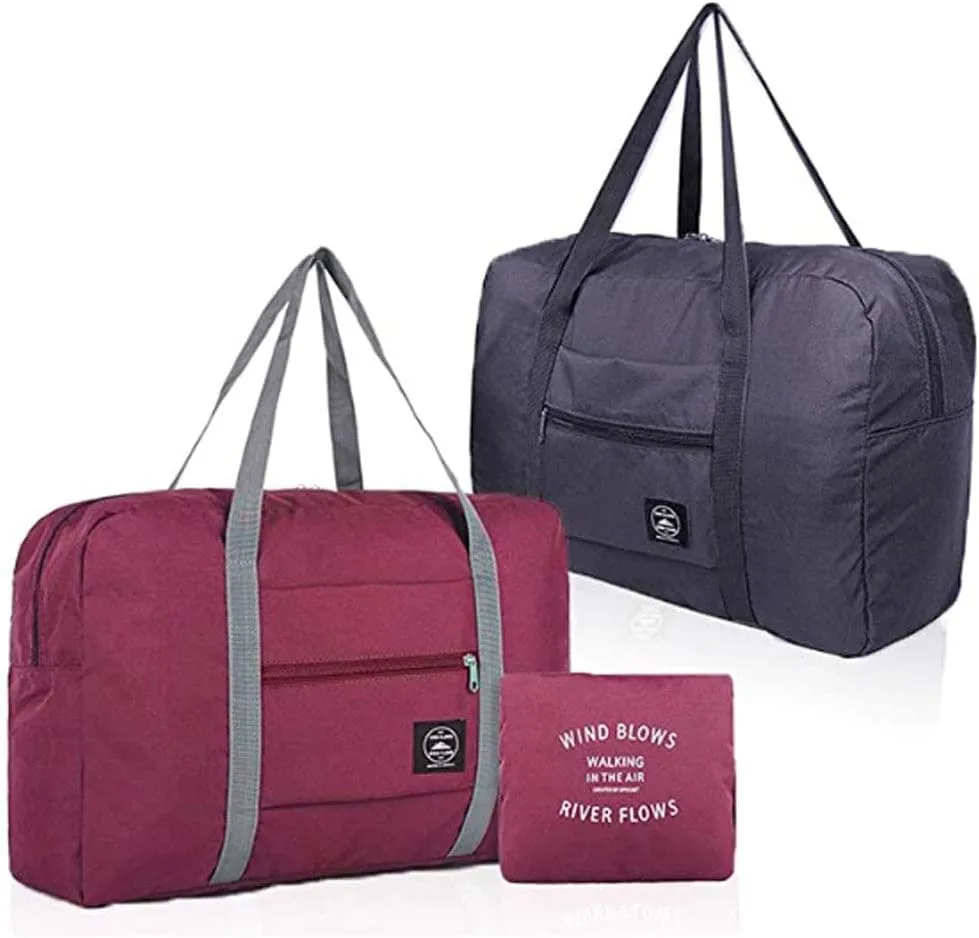 2 Pack Foldable Travel Bag Waterproof Travel Duffel Bag,Women Ladies Man Canvas Weekender Bag Overnight Carry-on Tote Duffel in Trolley Handle (Black&Rred)