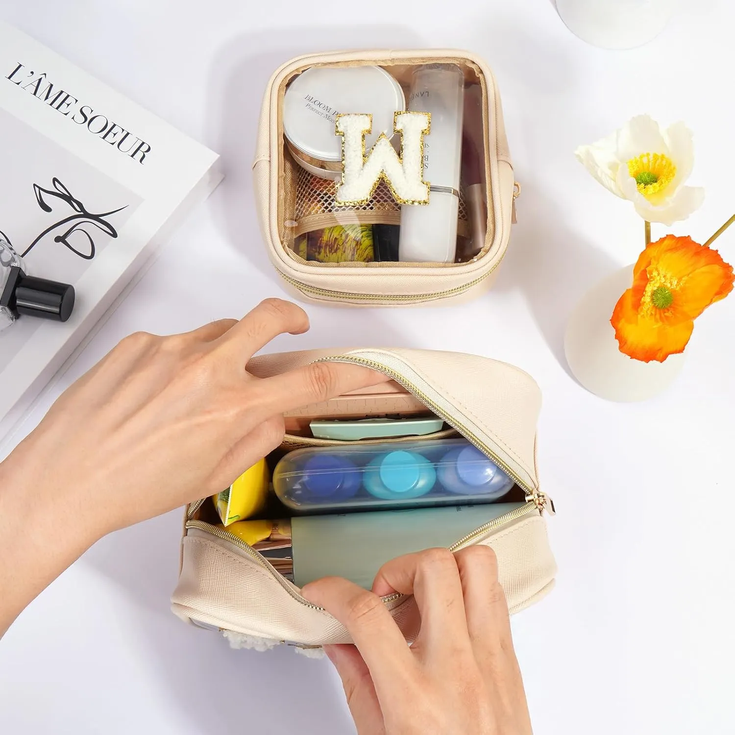 2 PCS Clear Makeup Bag Small Cosmetic Bag Beige Mini Makeup Bag Waterproof Small Makeup Bag for Purse Travel Toiletry Bag for Women