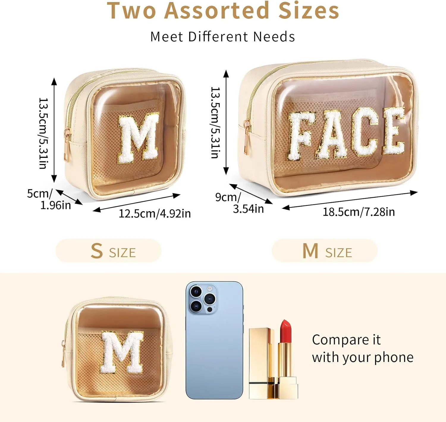 2 PCS Clear Makeup Bag Small Cosmetic Bag Beige Mini Makeup Bag Waterproof Small Makeup Bag for Purse Travel Toiletry Bag for Women