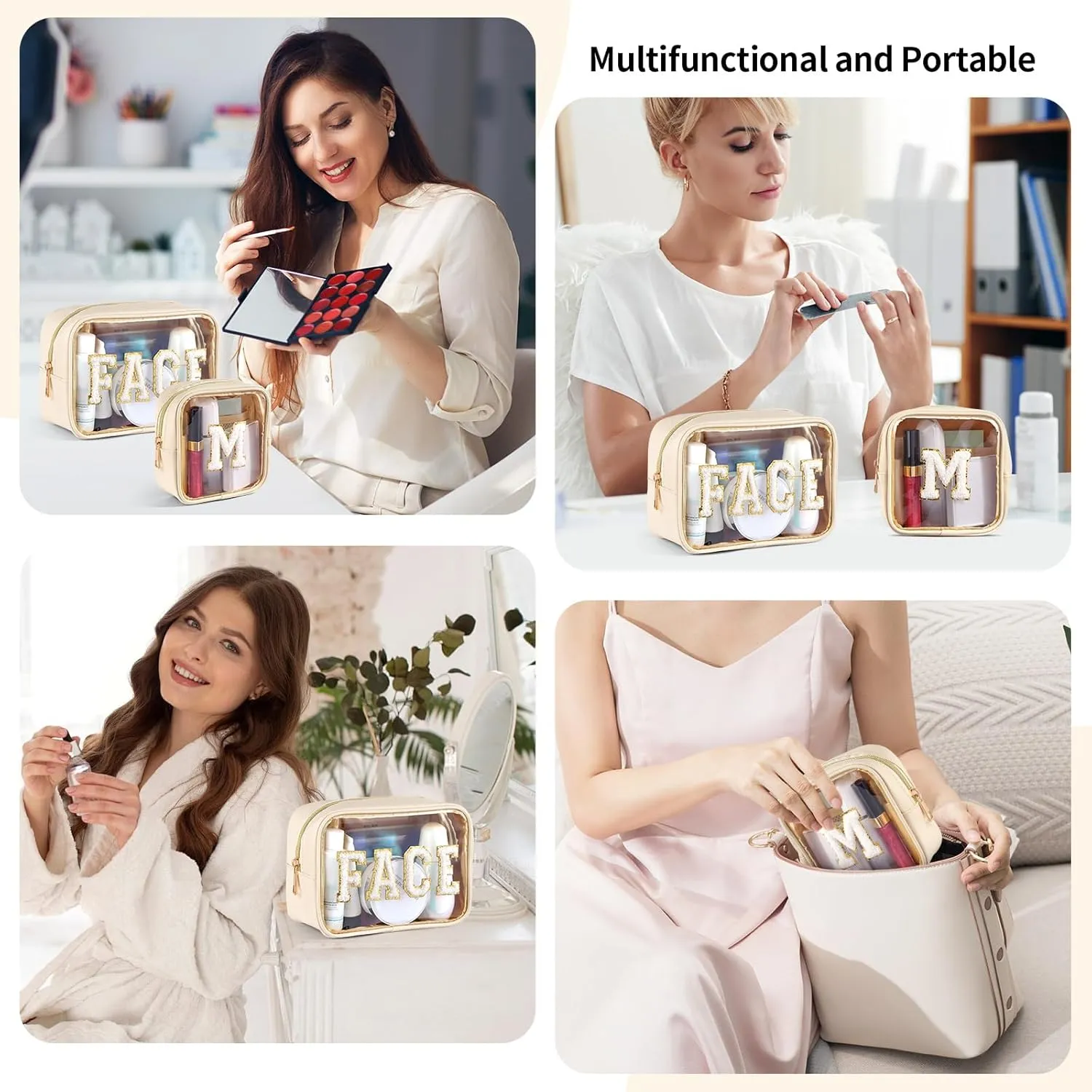 2 PCS Clear Makeup Bag Small Cosmetic Bag Beige Mini Makeup Bag Waterproof Small Makeup Bag for Purse Travel Toiletry Bag for Women