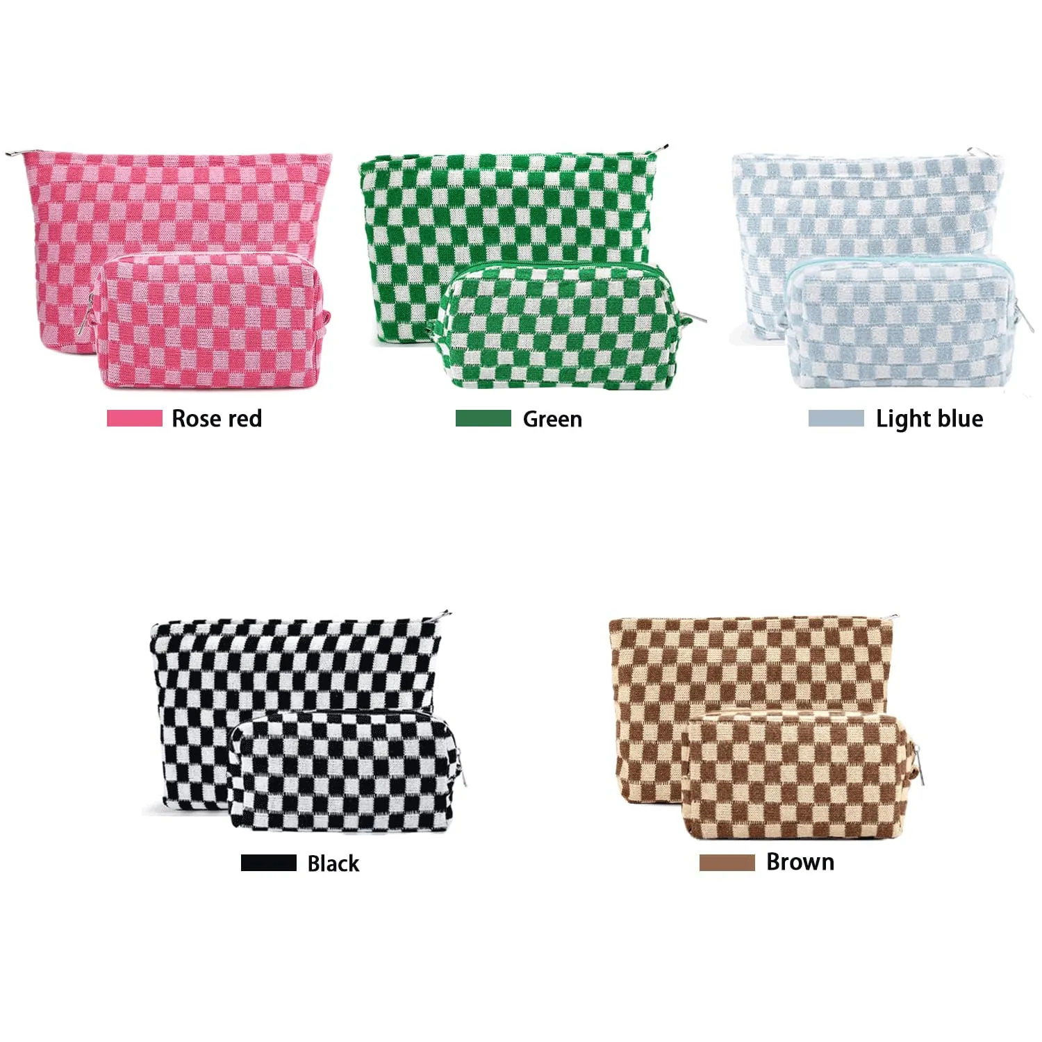 2Pcs Makeup Bag for Women Checkered Cosmetic Bag Set Travel Toiletry Bag Makeup Pouch Cute Makeup Bag for Purse Zipper Storage Bag Brushes Aesthetic Accessories Girls Car Essentials Bag(Rose Red)