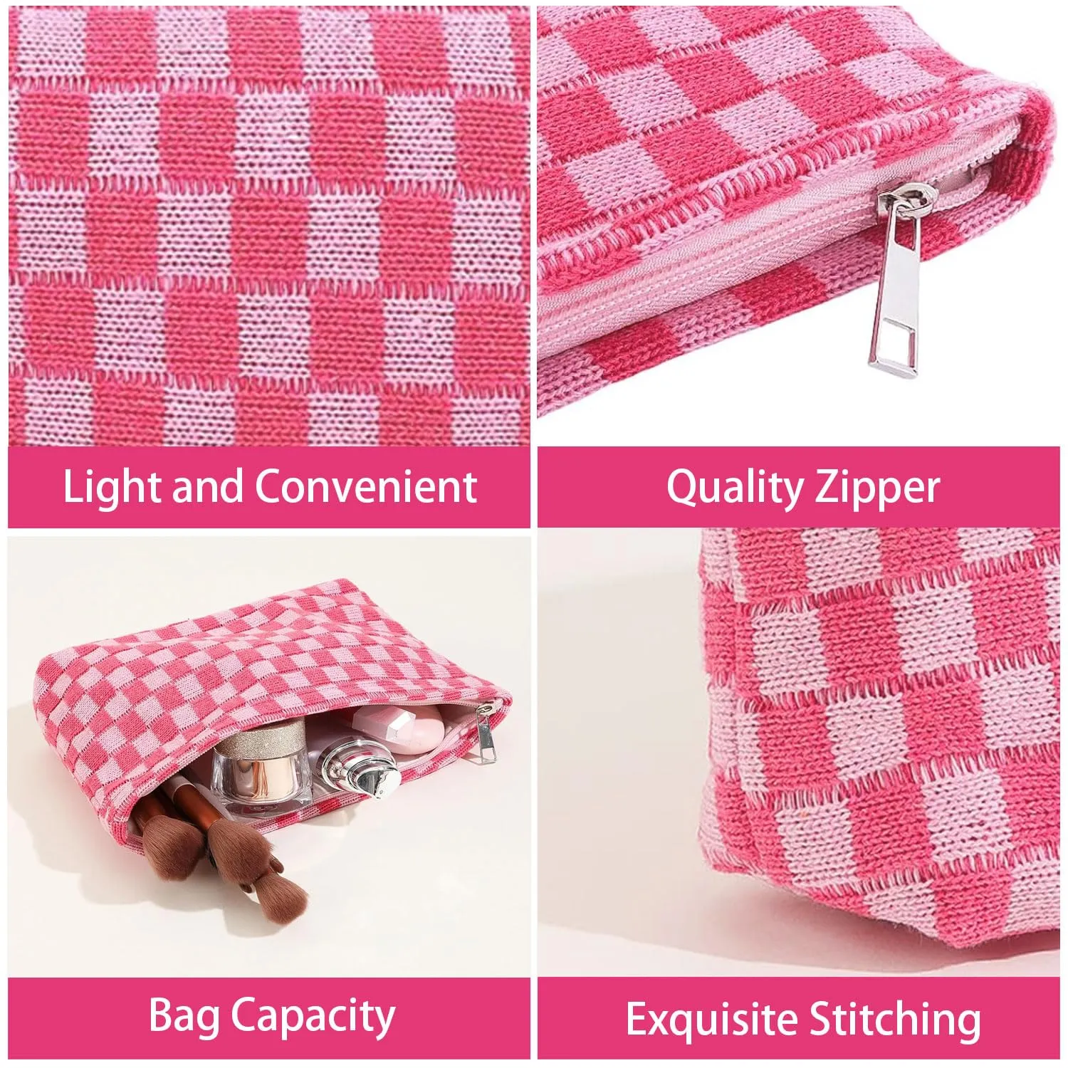 2Pcs Makeup Bag for Women Checkered Cosmetic Bag Set Travel Toiletry Bag Makeup Pouch Cute Makeup Bag for Purse Zipper Storage Bag Brushes Aesthetic Accessories Girls Car Essentials Bag(Rose Red)