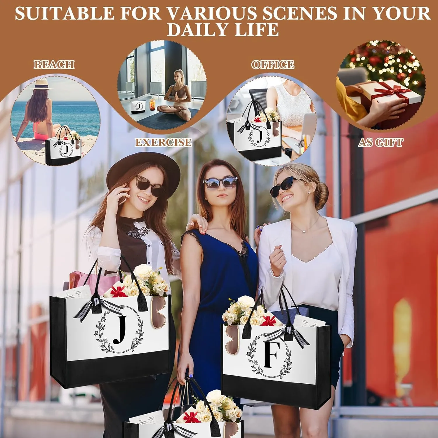 Aliceset Initial Monogram Canvas Tote Bag Personalized Makeup Bag with Zipper 16 oz Glass Cups with Lids Straws Monogrammed(Letter J)