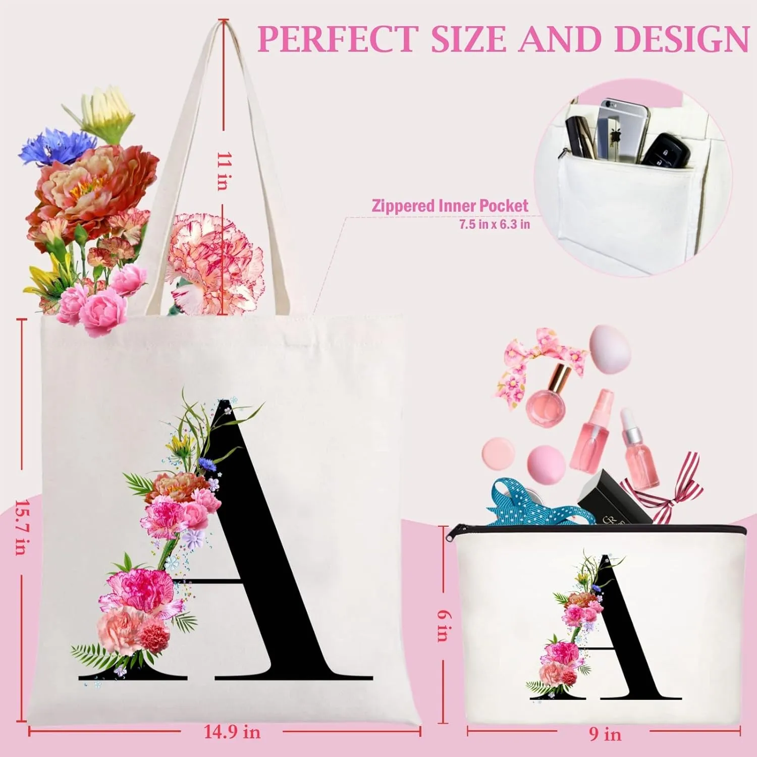 Andeiltech Initial Canvas Tote Bag Floral Letter Personalized Makeup Bag Monogrammed Gift for Bridesmaids Birthday Wedding