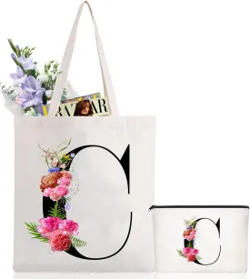 Andeiltech Initial Canvas Tote Bag Floral Letter Personalized Makeup Bag Monogrammed Gift for Bridesmaids Birthday Wedding
