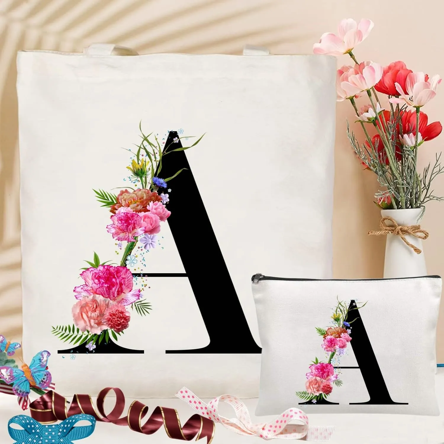 Andeiltech Initial Canvas Tote Bag Floral Letter Personalized Makeup Bag Monogrammed Gift for Bridesmaids Birthday Wedding