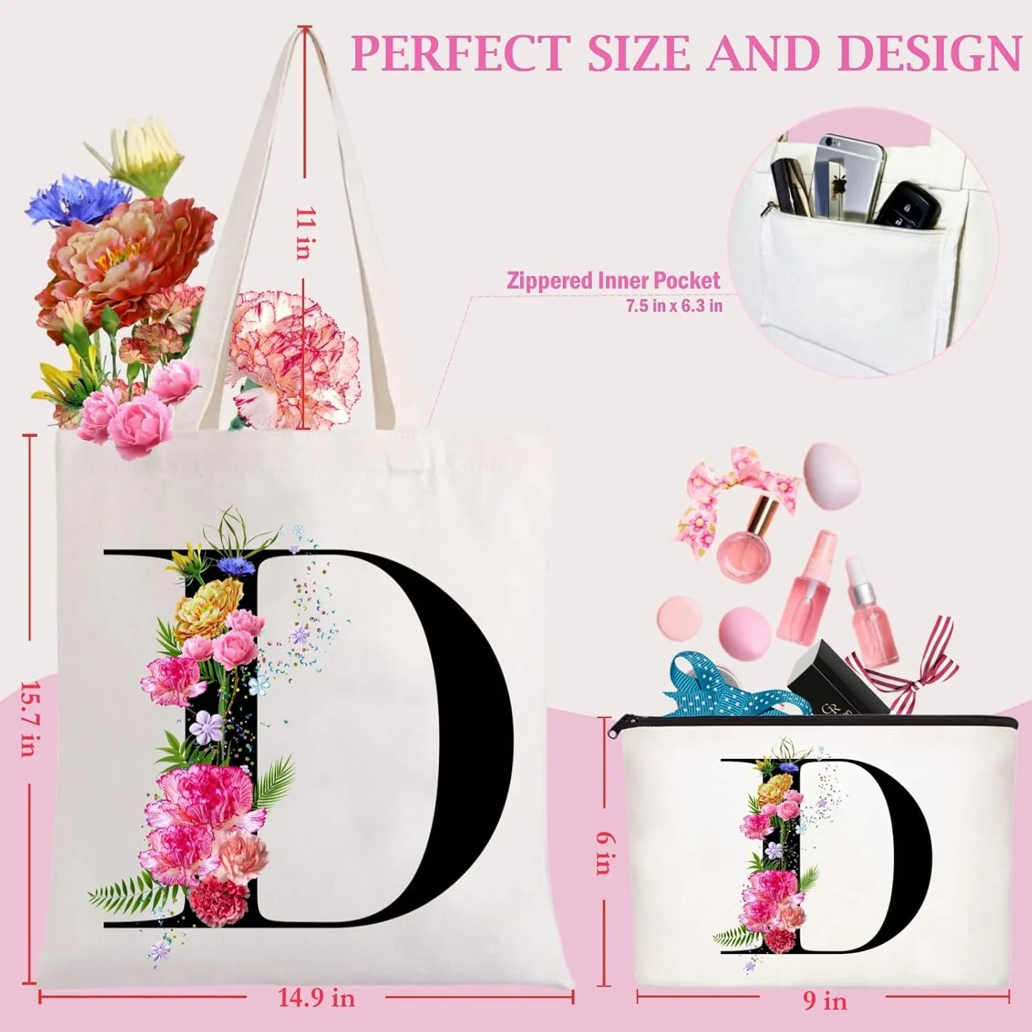 Andeiltech Initial Canvas Tote Bag Floral Letter Personalized Makeup Bag Monogrammed Gift for Bridesmaids Birthday Wedding
