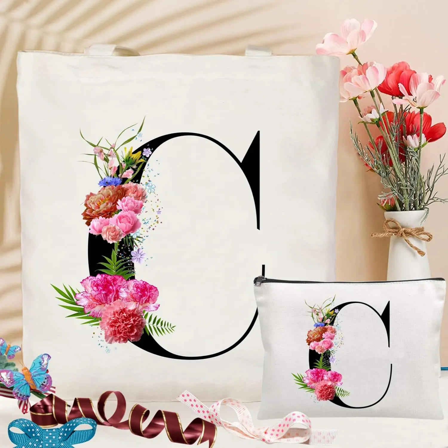 Andeiltech Initial Canvas Tote Bag Floral Letter Personalized Makeup Bag Monogrammed Gift for Bridesmaids Birthday Wedding