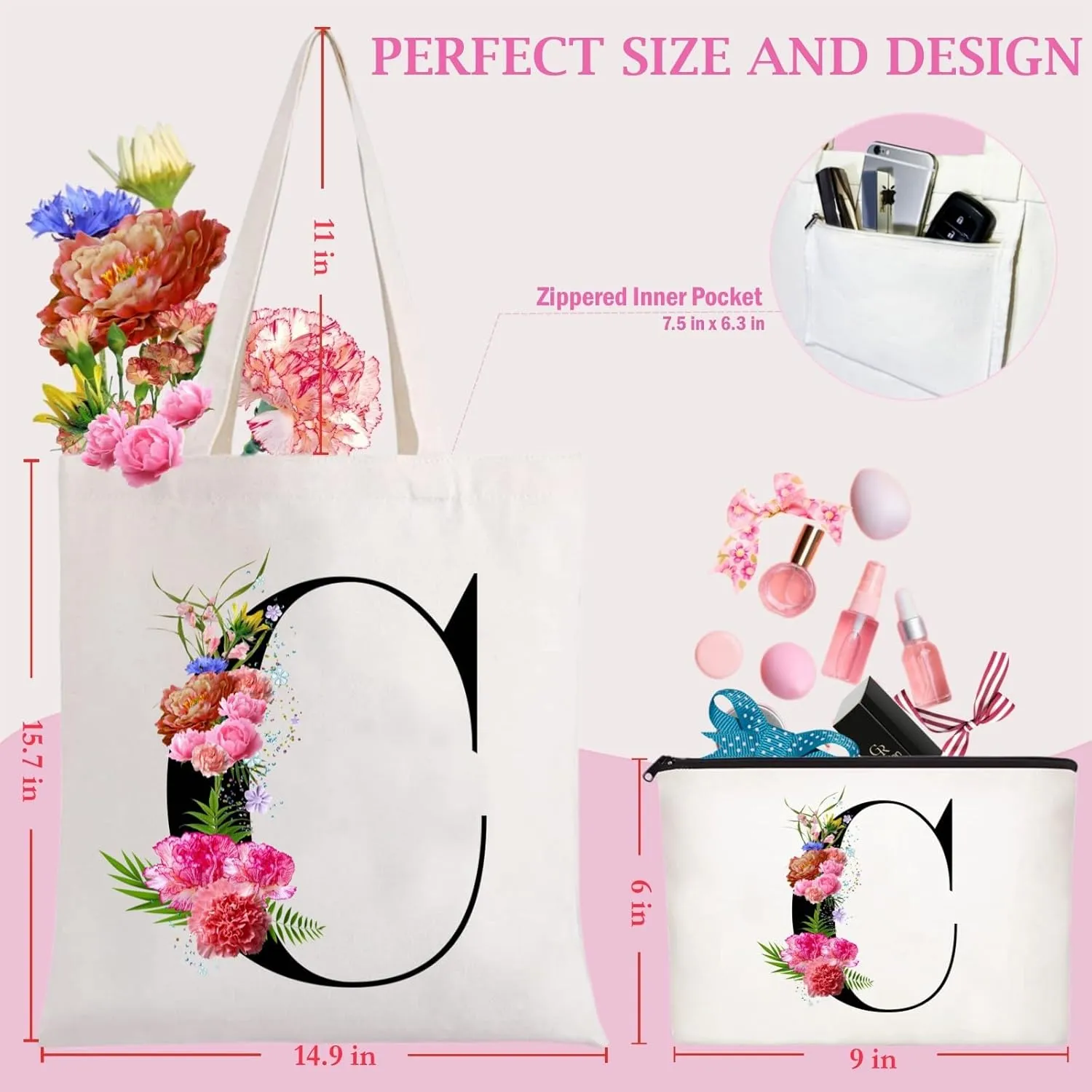 Andeiltech Initial Canvas Tote Bag Floral Letter Personalized Makeup Bag Monogrammed Gift for Bridesmaids Birthday Wedding