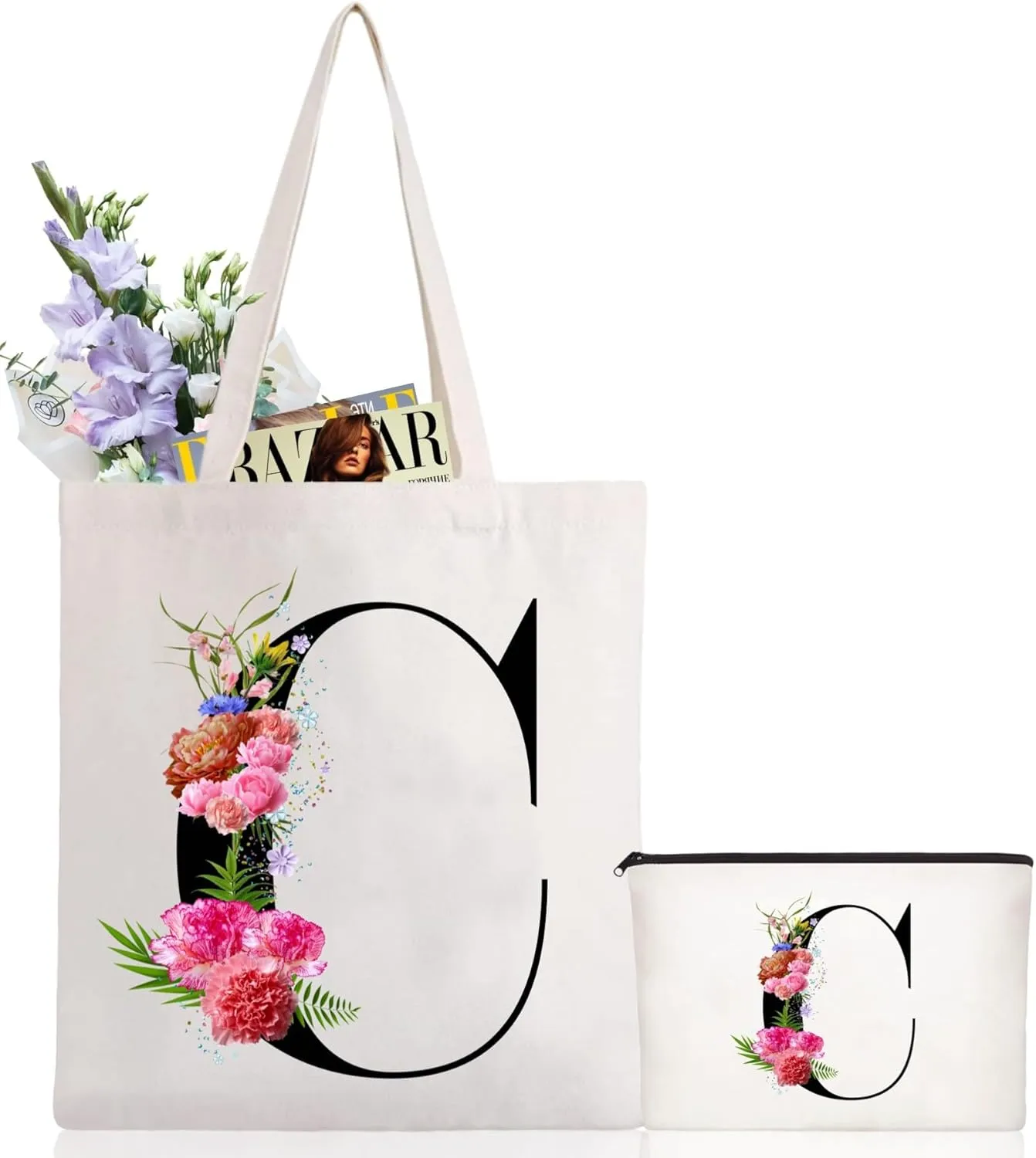 Andeiltech Initial Canvas Tote Bag Floral Letter Personalized Makeup Bag Monogrammed Gift for Bridesmaids Birthday Wedding