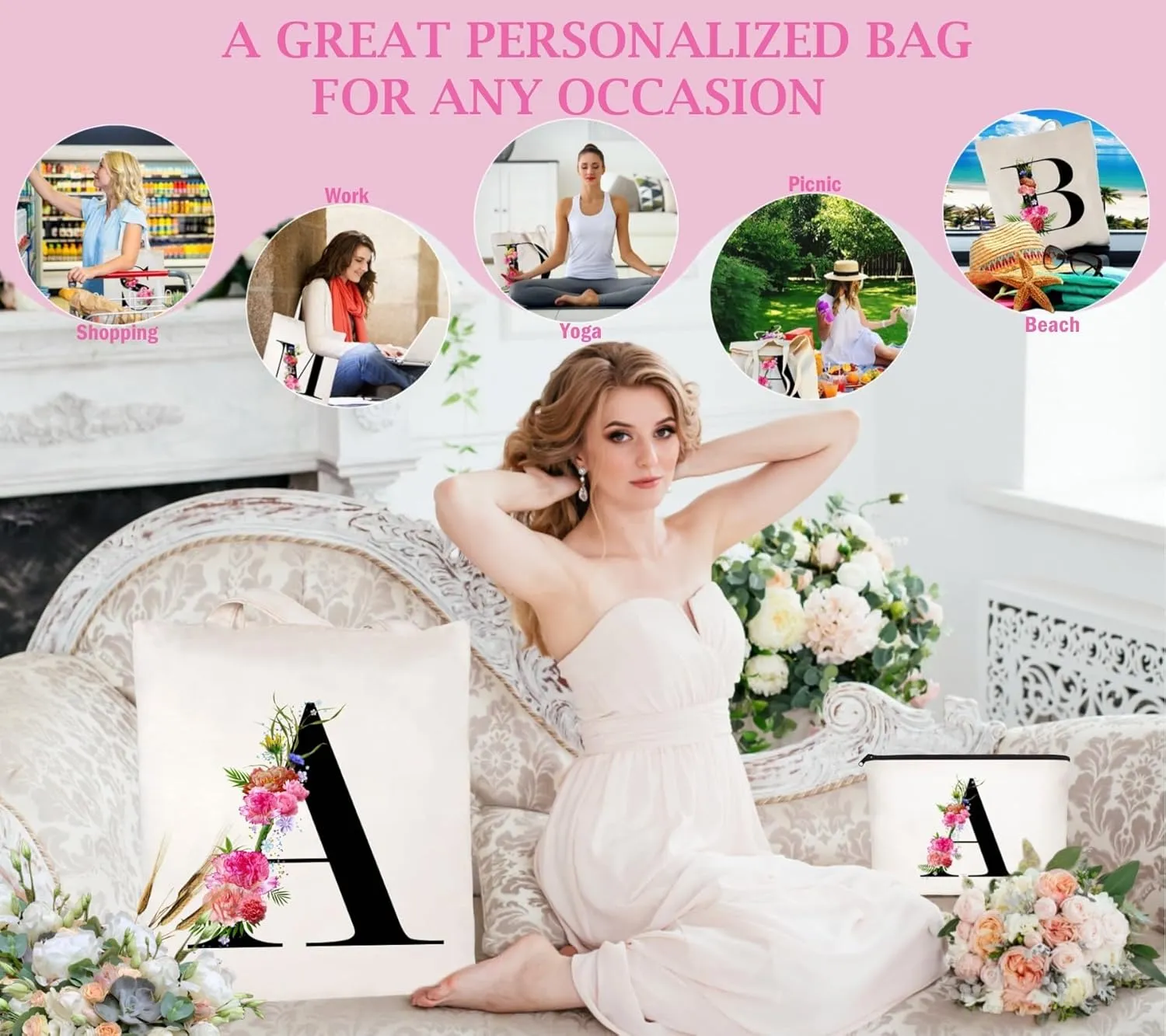 Andeiltech Initial Canvas Tote Bag Floral Letter Personalized Makeup Bag Monogrammed Gift for Bridesmaids Birthday Wedding