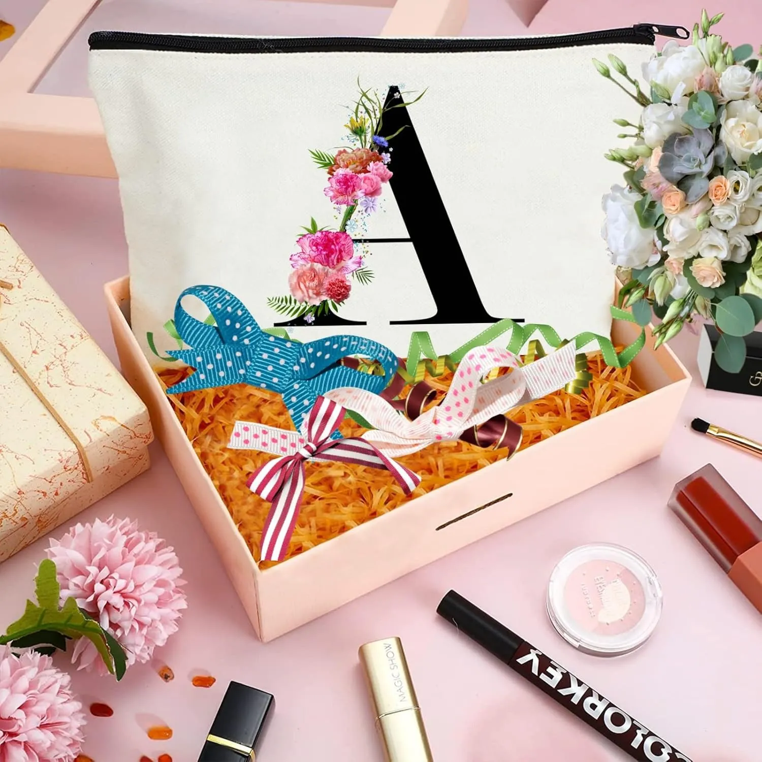 Andeiltech Initial Canvas Tote Bag Floral Letter Personalized Makeup Bag Monogrammed Gift for Bridesmaids Birthday Wedding