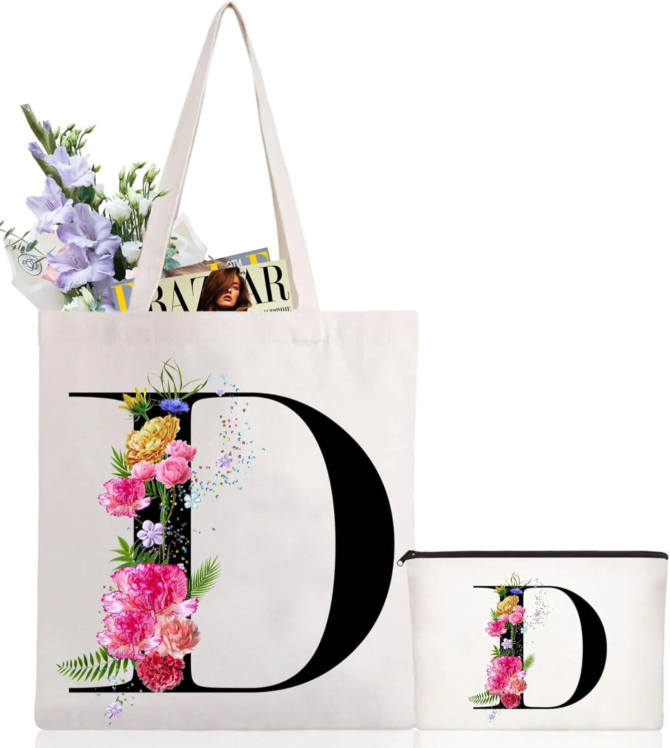 Andeiltech Initial Canvas Tote Bag Floral Letter Personalized Makeup Bag Monogrammed Gift for Bridesmaids Birthday Wedding