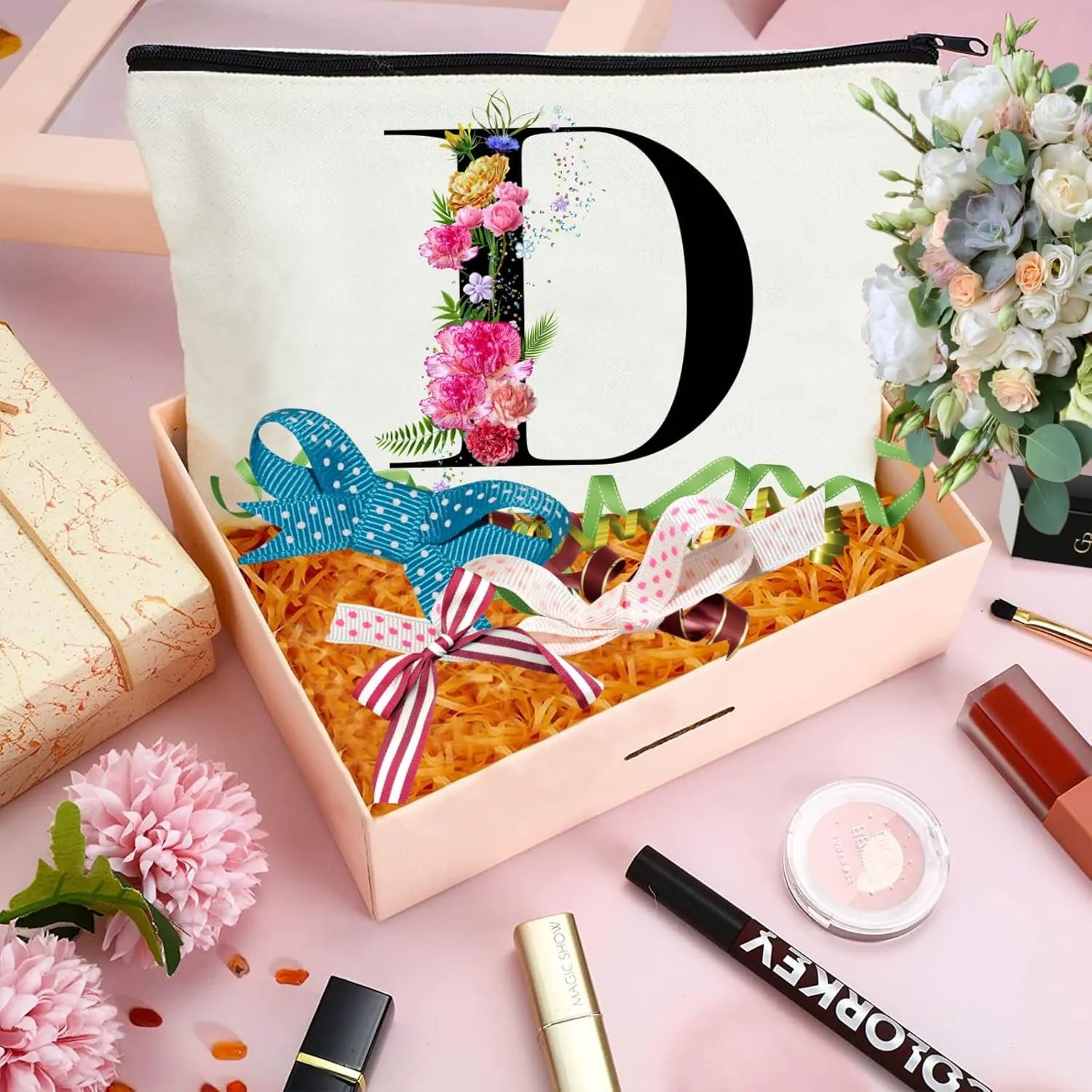 Andeiltech Initial Canvas Tote Bag Floral Letter Personalized Makeup Bag Monogrammed Gift for Bridesmaids Birthday Wedding
