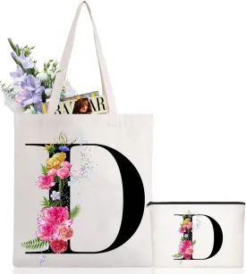 Andeiltech Initial Canvas Tote Bag Floral Letter Personalized Makeup Bag Monogrammed Gift for Bridesmaids Birthday Wedding