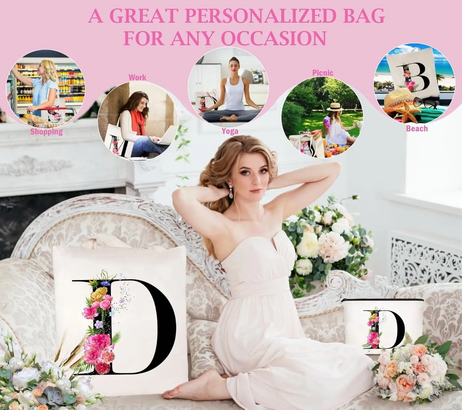 Andeiltech Initial Canvas Tote Bag Floral Letter Personalized Makeup Bag Monogrammed Gift for Bridesmaids Birthday Wedding