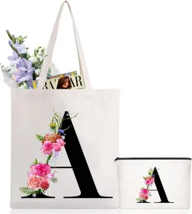 Andeiltech Initial Canvas Tote Bag Floral Letter Personalized Makeup Bag Monogrammed Gift for Bridesmaids Birthday Wedding