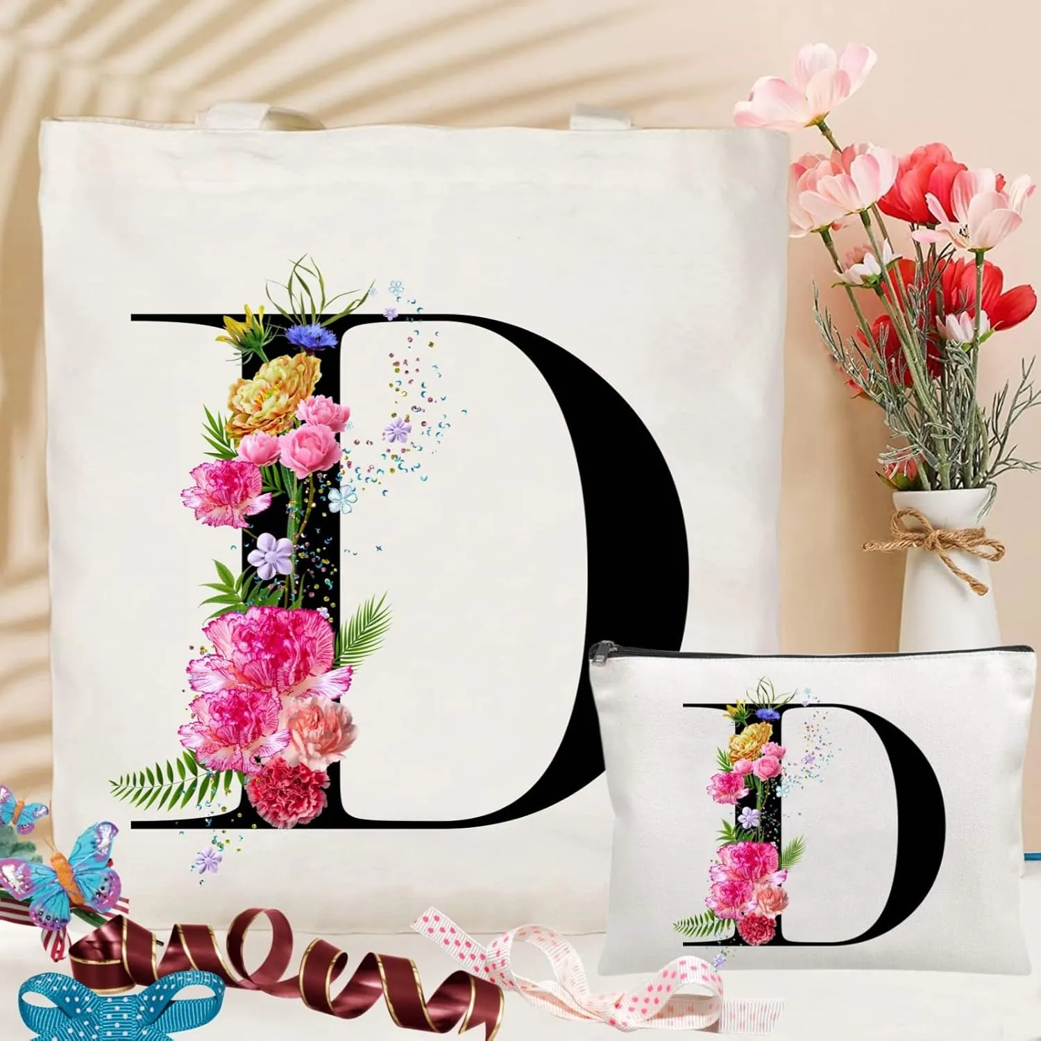 Andeiltech Initial Canvas Tote Bag Floral Letter Personalized Makeup Bag Monogrammed Gift for Bridesmaids Birthday Wedding