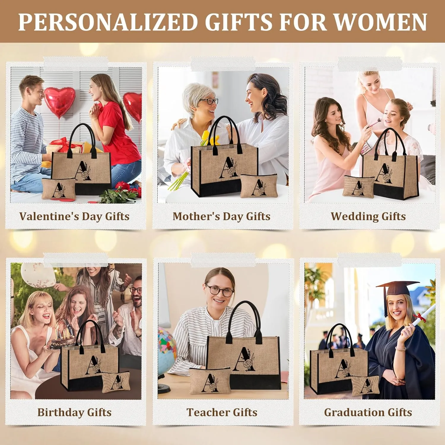 AYGE Personalized Initial Jute Tote Bag & Makeup Bag, Beach Bag, Monogrammed Birthday Gifts for Women Sister Mom Bridesmaid