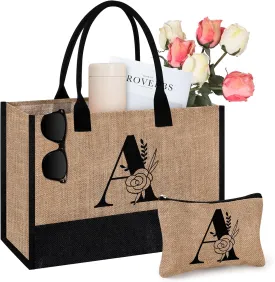AYGE Personalized Initial Jute Tote Bag & Makeup Bag, Beach Bag, Monogrammed Birthday Gifts for Women Sister Mom Bridesmaid