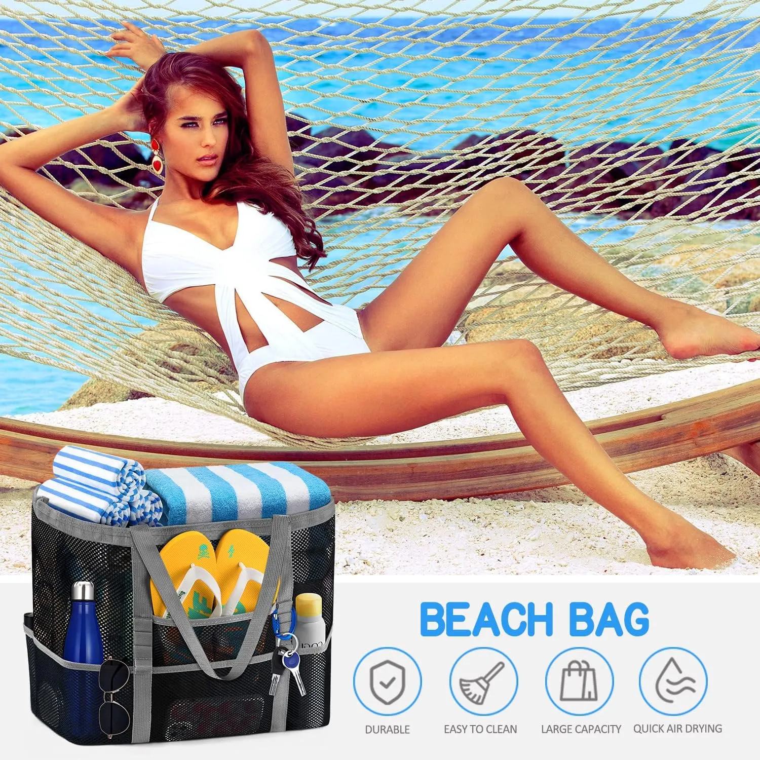 Ayieyill Mesh Beach Bag Tote Bag for Women, Foldable Swim Large Beach Tote Bag with Zipper Pockets Waterproof Sandproof