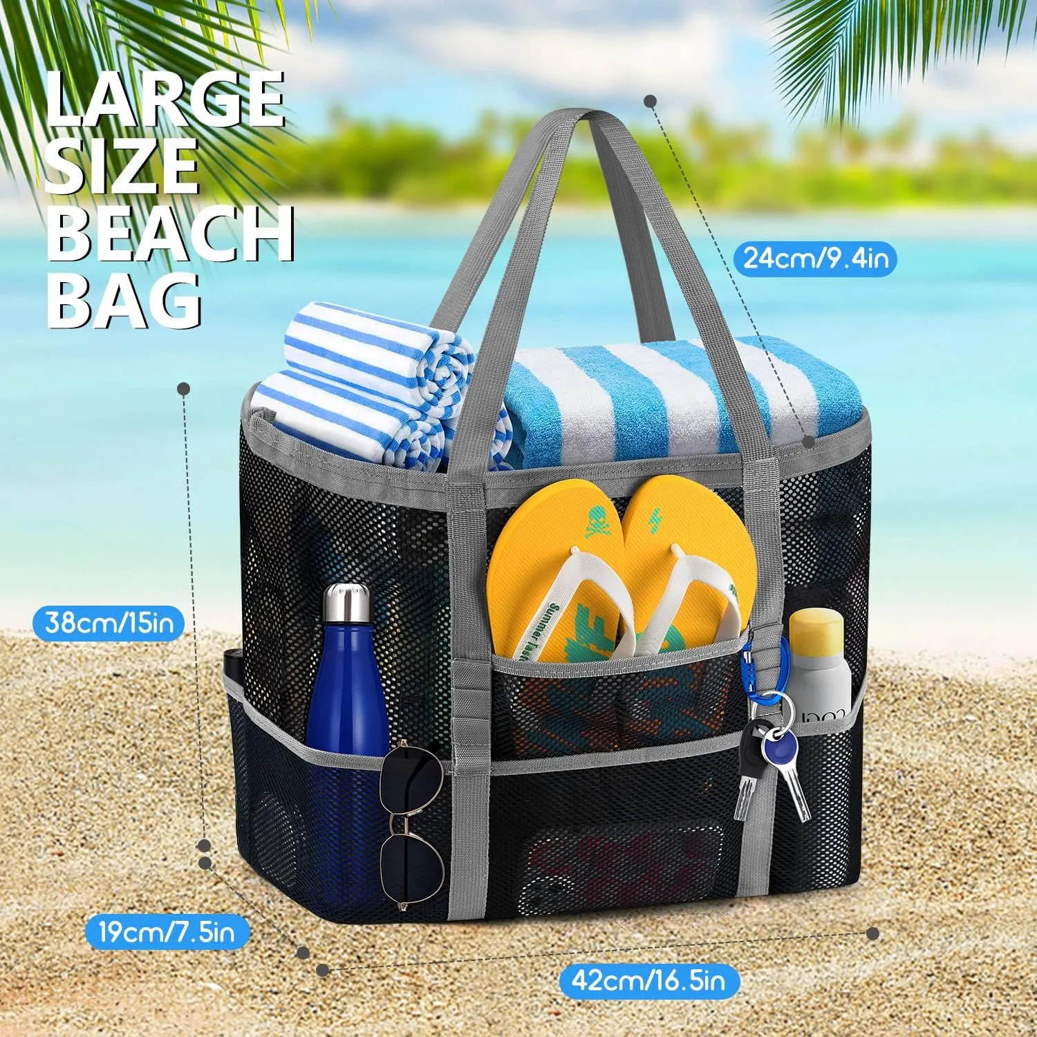 Ayieyill Mesh Beach Bag Tote Bag for Women, Foldable Swim Large Beach Tote Bag with Zipper Pockets Waterproof Sandproof