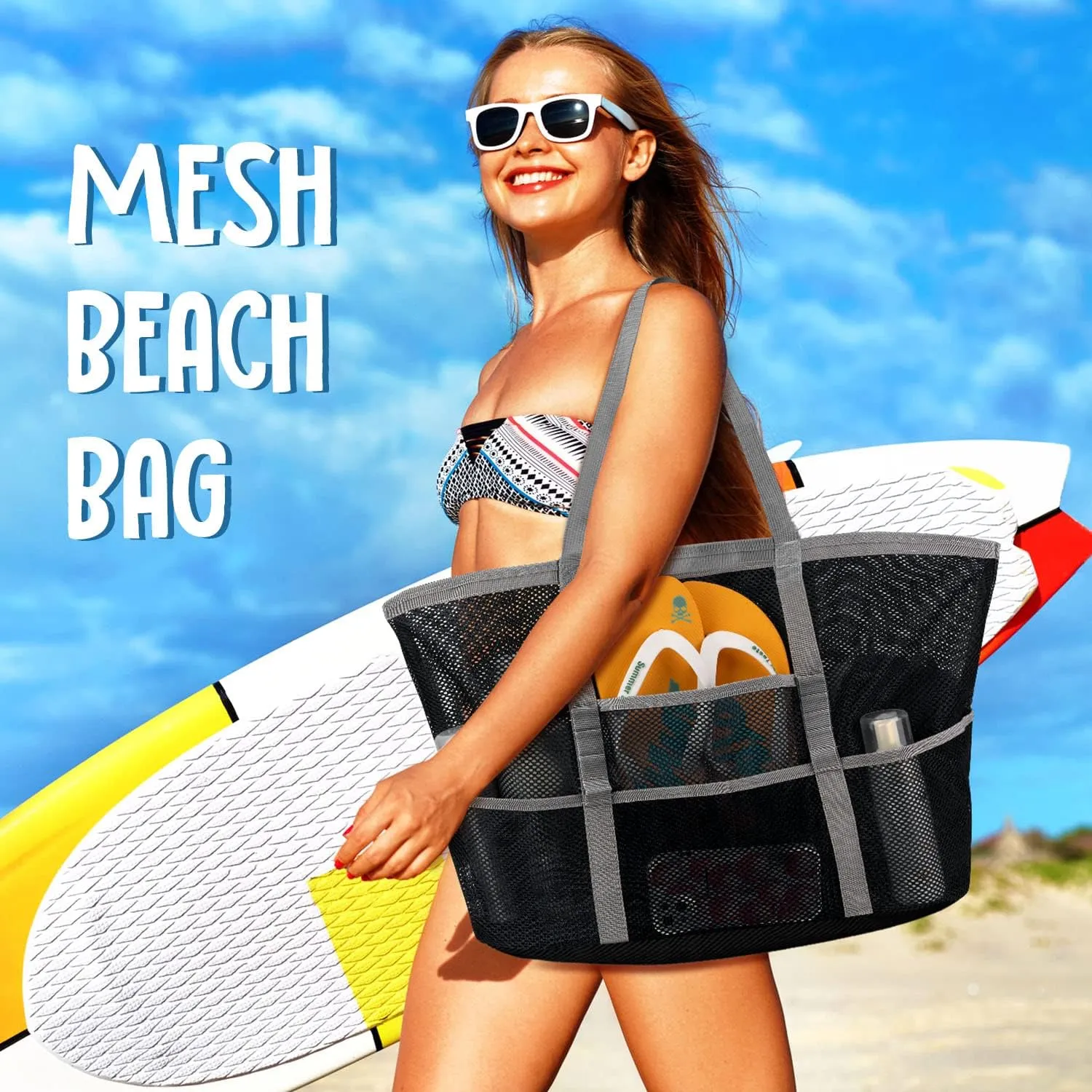 Ayieyill Mesh Beach Bag Tote Bag for Women, Foldable Swim Large Beach Tote Bag with Zipper Pockets Waterproof Sandproof