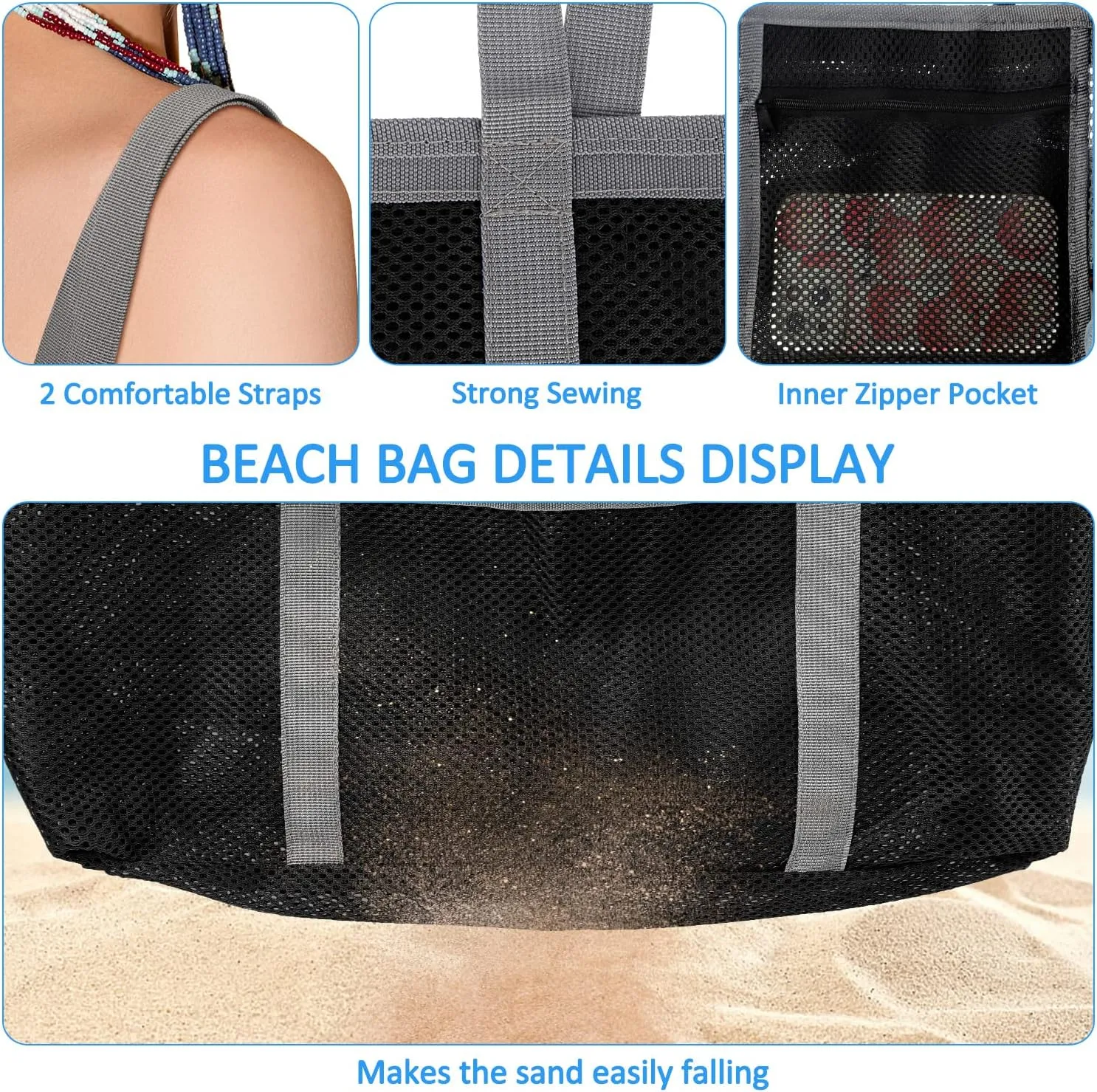 Ayieyill Mesh Beach Bag Tote Bag for Women, Foldable Swim Large Beach Tote Bag with Zipper Pockets Waterproof Sandproof