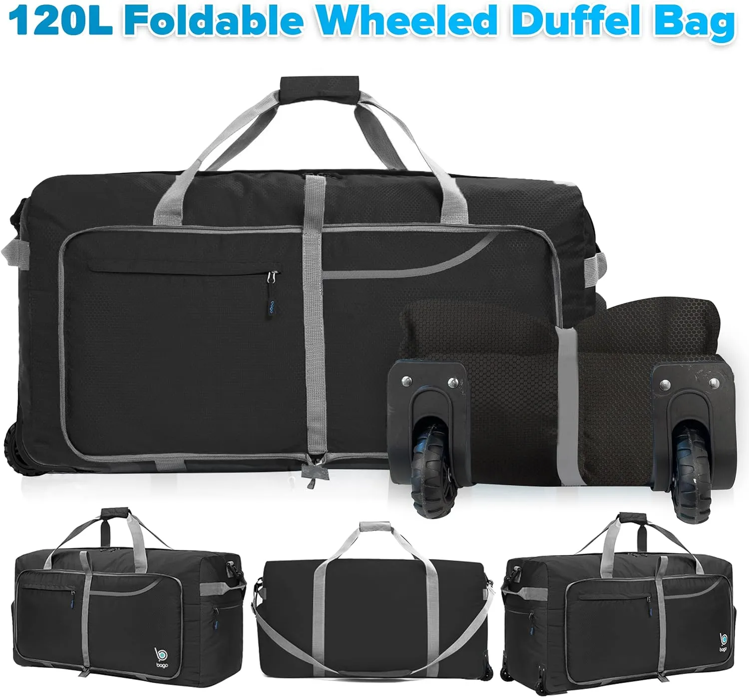 Bago Rolling Duffle Bag with Wheels - 31" 120L Foldable Weekender Bag, Waterproof Travel Duffel Bag, Heavy Duty lightWeight Duffle Bag for Traveling, Rolling Duffel Bag with Wheels (Black)