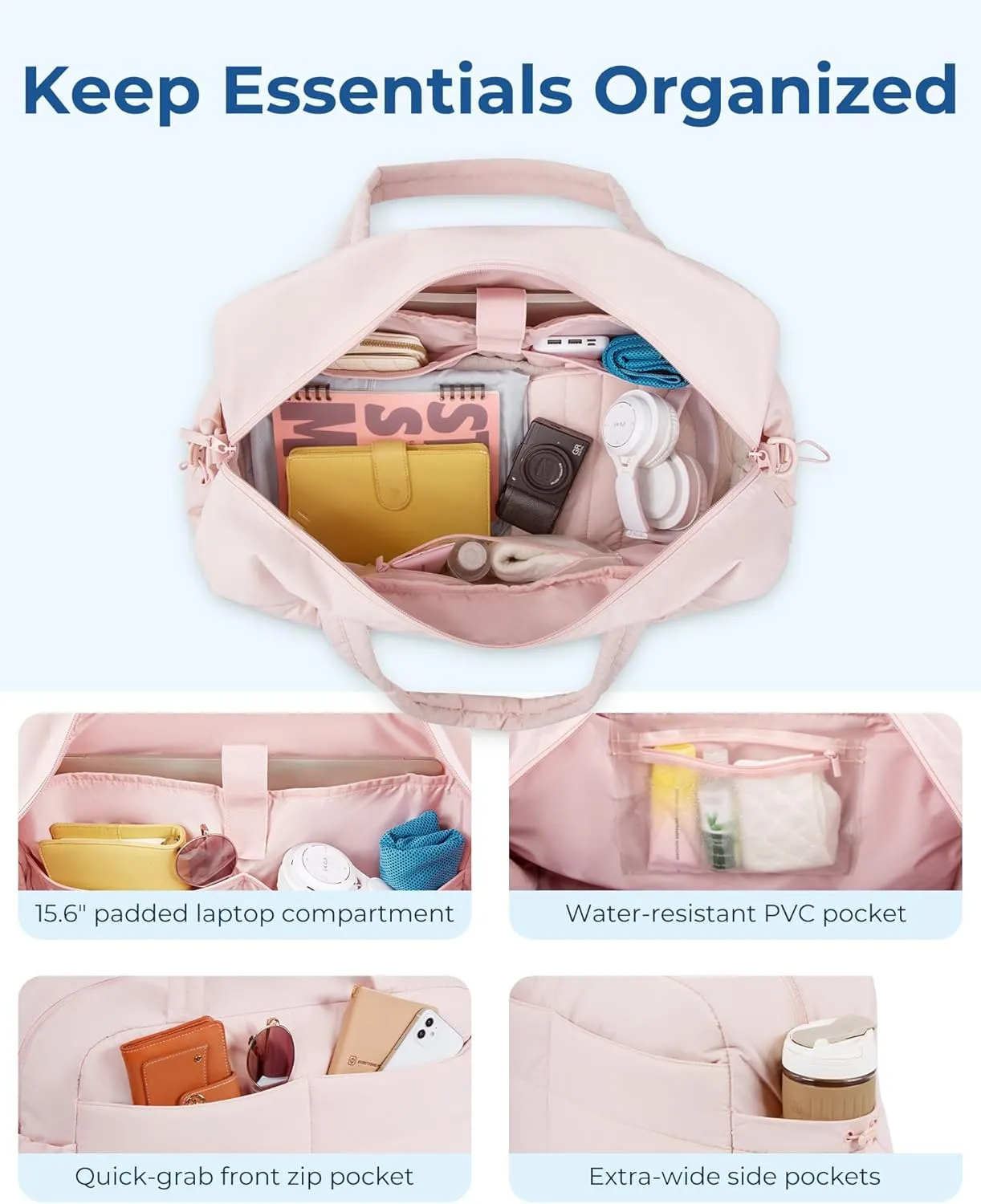 BAGSMART Travel Duffle Bag Gym Bag for Women, 31L Puffer Tote Bag Quilted Laptop Carry on, Weekender Overnight Bag Organizer Duffel Bag for Travel, Pink
