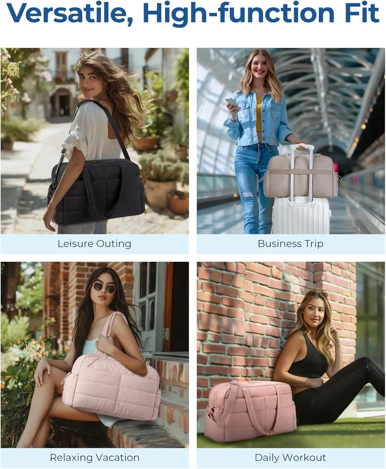 BAGSMART Travel Duffle Bag Gym Bag for Women, 31L Puffer Tote Bag Quilted Laptop Carry on, Weekender Overnight Bag Organizer Duffel Bag for Travel, Pink