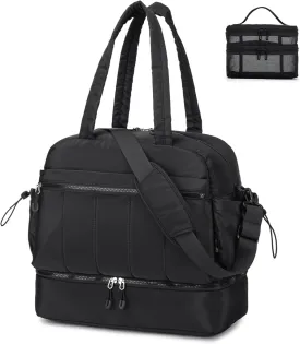 BAGZY Travel Duffel Bag for Women, Lightweight Puffer Gym Bag with Shoe Compartment and Wet Pocket Large for Hospital Weekender Carry on Overnight Bag with Toiletry 32L Black