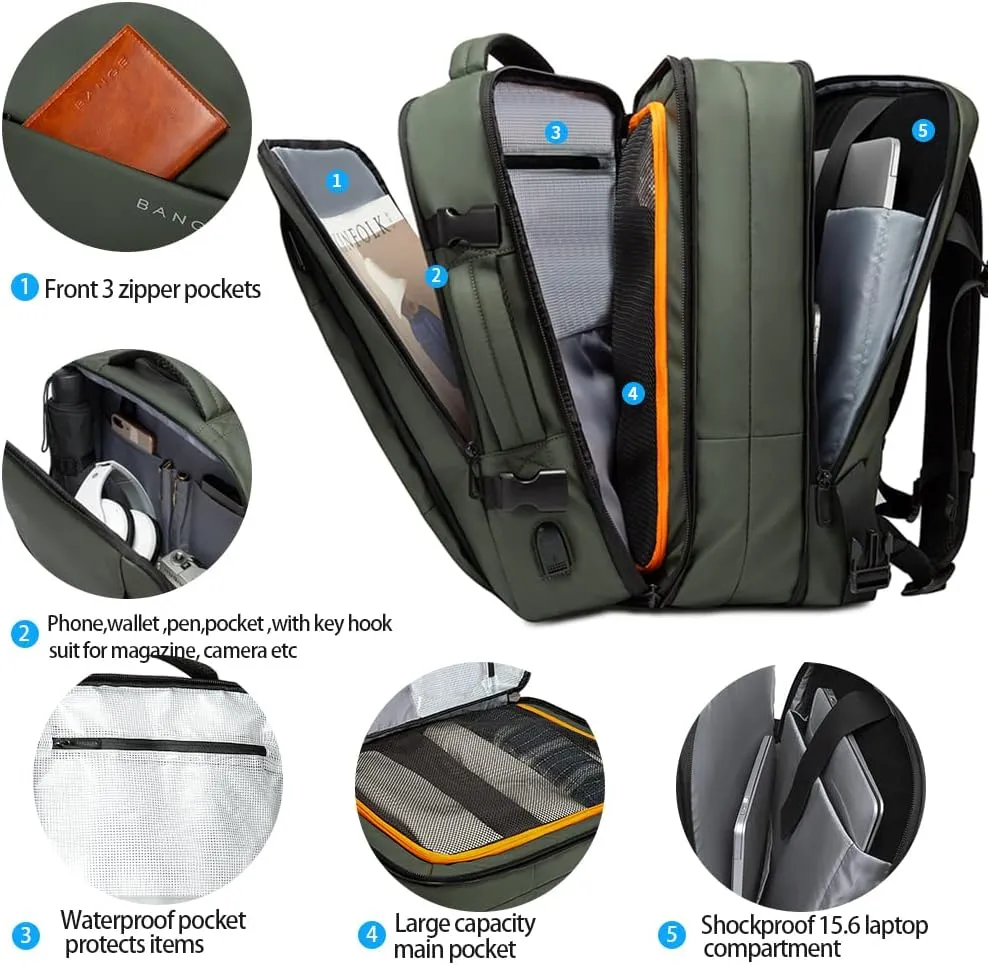 BANGE Carry-on Backpack, 45L Expandable Travel Backpacks,Weekend Backpack Briefcase,Waterproof Laptop Backpack Fits For 17.3 Laptop