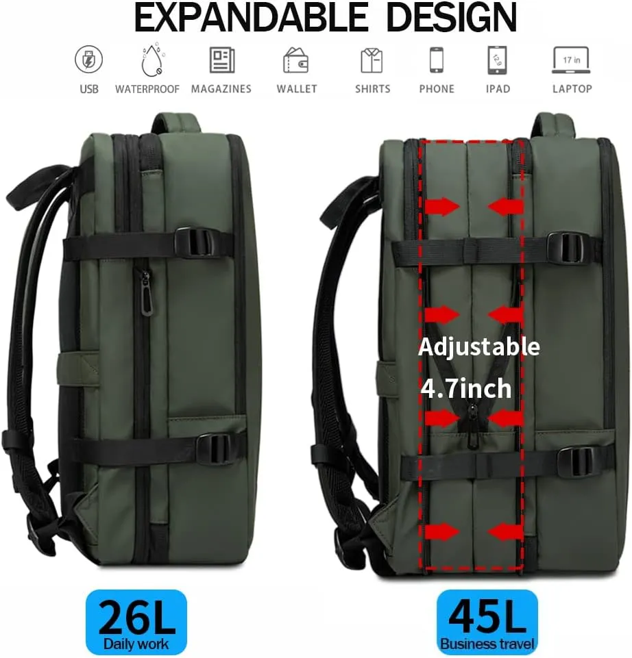BANGE Carry-on Backpack, 45L Expandable Travel Backpacks,Weekend Backpack Briefcase,Waterproof Laptop Backpack Fits For 17.3 Laptop