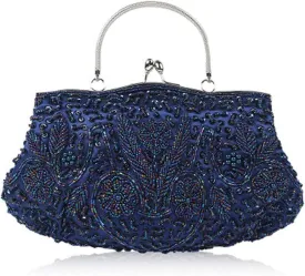 Beaded Sequin Design Flower Evening Purse Large Clutch Bag
