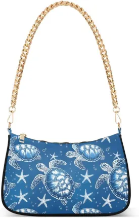 Blue Sea Turtle Starfish Bubble Tote Bag Shoulder Bag Hobo Handbag for Women Ladies Mini Clutch Purse with Zipper Closure