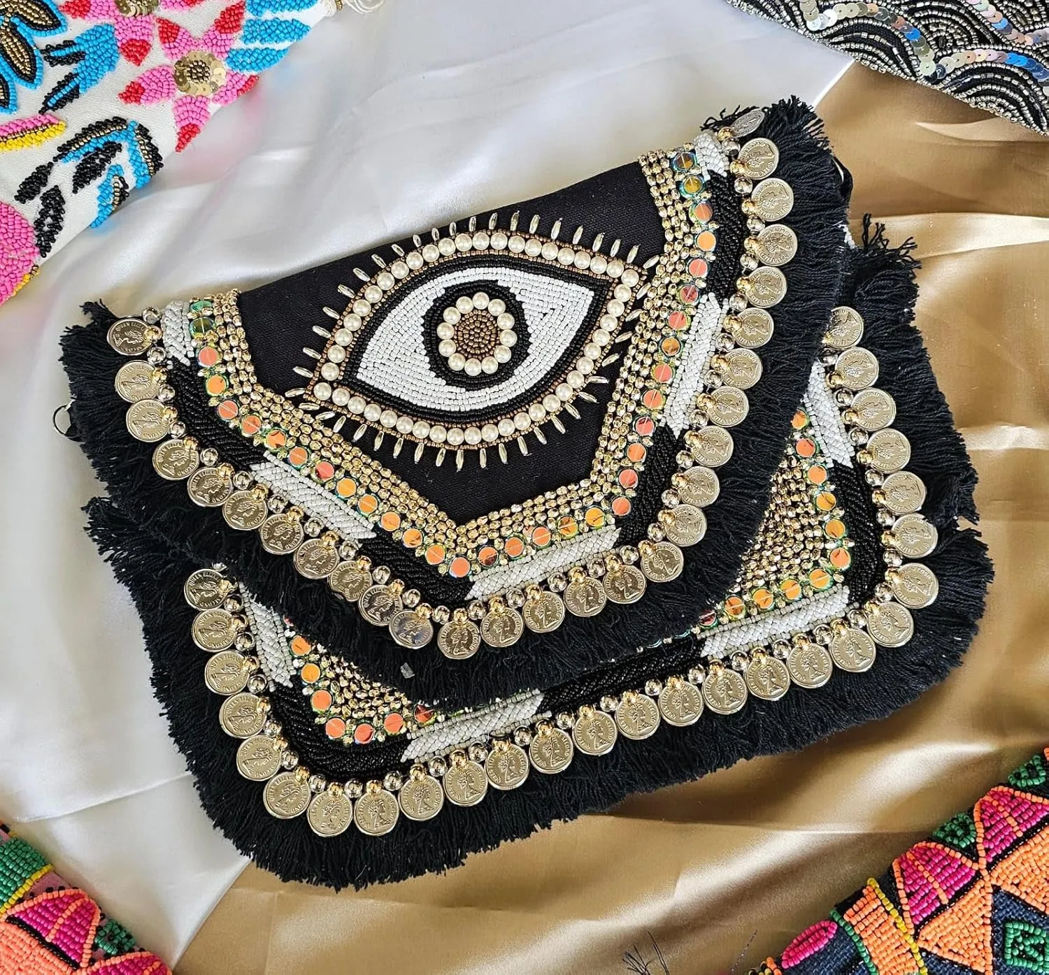 Boho Handbag for Women  Black Banjara Style Purse with Mirror Work & Coins | Crossbody Sling Clutch with Zipper & Strap | Summer Hippie Tote Bag, Beach Charm Bag 2025, Evil Eye Purse
