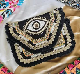 Boho Handbag for Women  Black Banjara Style Purse with Mirror Work & Coins | Crossbody Sling Clutch with Zipper & Strap | Summer Hippie Tote Bag, Beach Charm Bag 2025, Evil Eye Purse