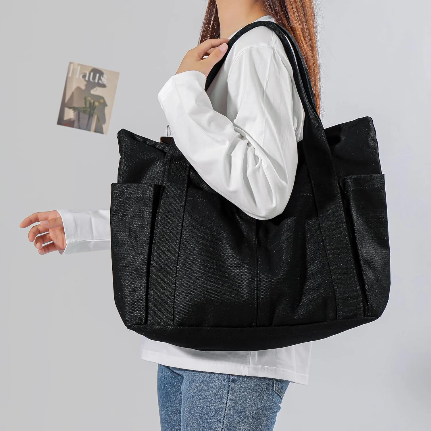 Canvas Tote Bag For Women With Pockets For Shopping Traveling Daily Commuting Beach Leisure And Fitness