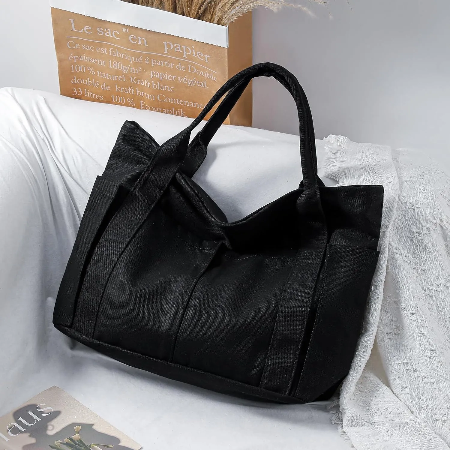 Canvas Tote Bag For Women With Pockets For Shopping Traveling Daily Commuting Beach Leisure And Fitness
