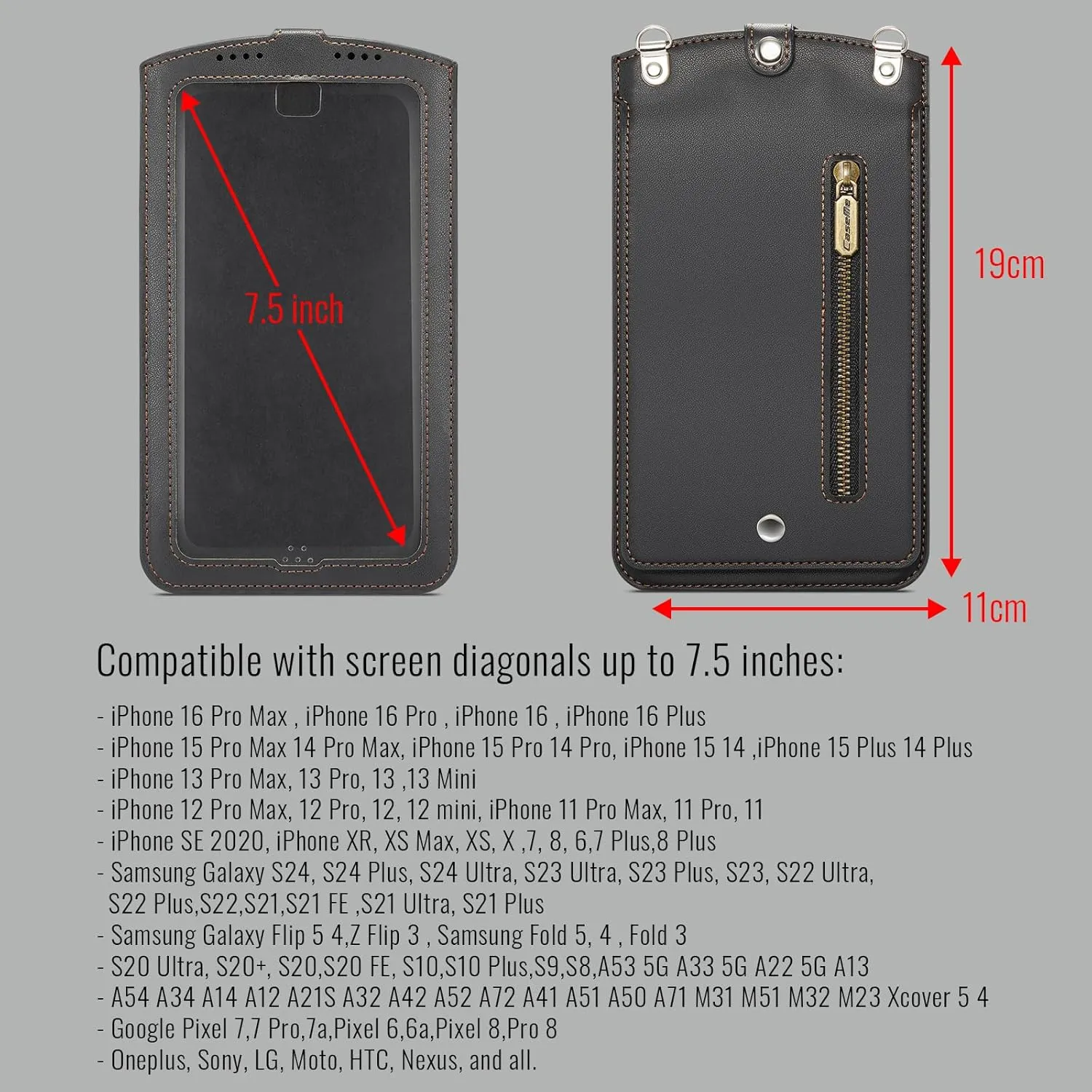 Cell Phone Purse Small Crossbody Bag for Women Men Leather Mini Shoulder Bag Wallet Case with Card Slots Neck Strap with Touch Screen Zipper Pocket for All Smartphones iPhone Samsung up to 7.5" Black