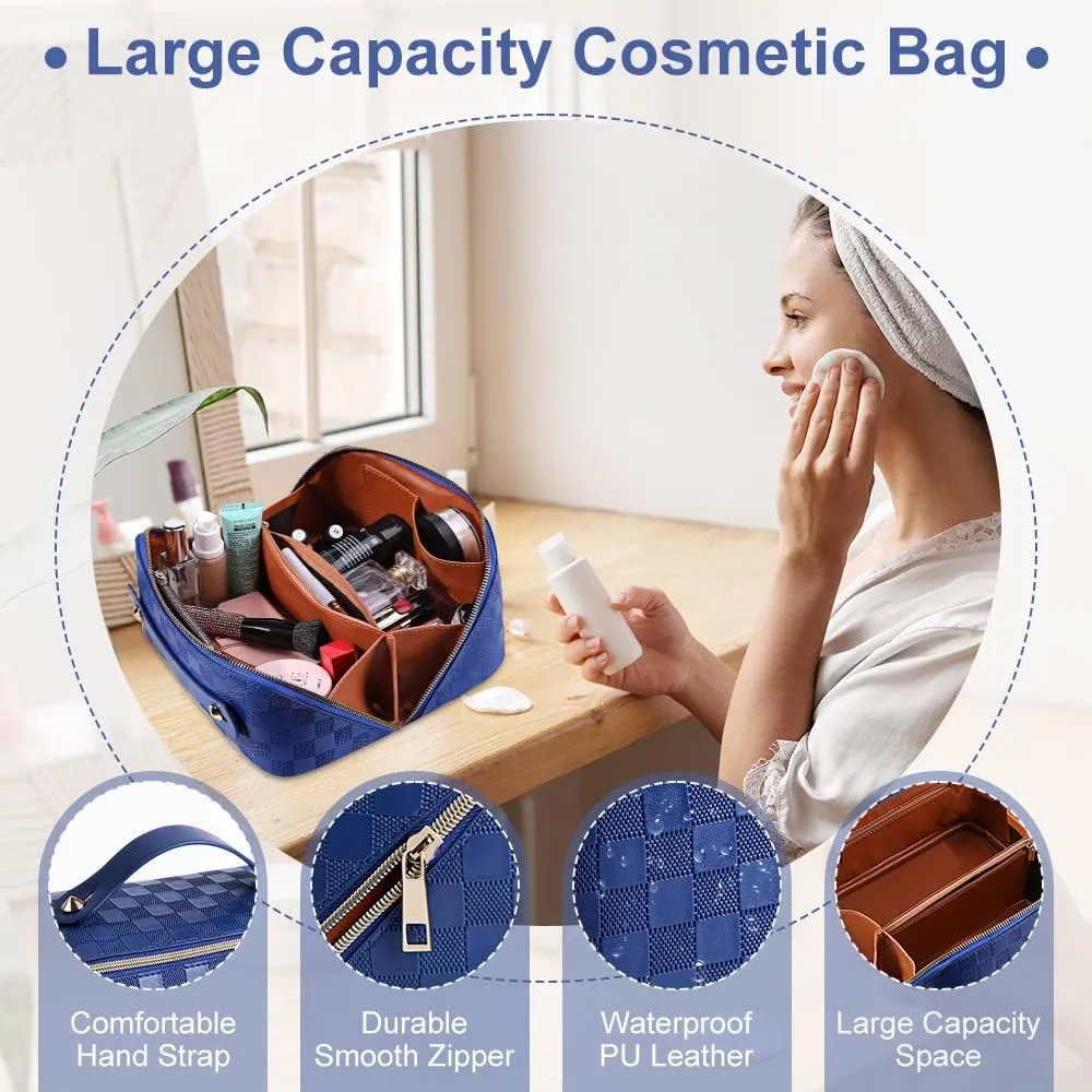 Cessfle Large Capacity Travel Cosmetic Bag Plaid Checkered Makeup Bag Portable Leather Waterproof Skincare Bag with Handle and Divider for Women 01-Blue