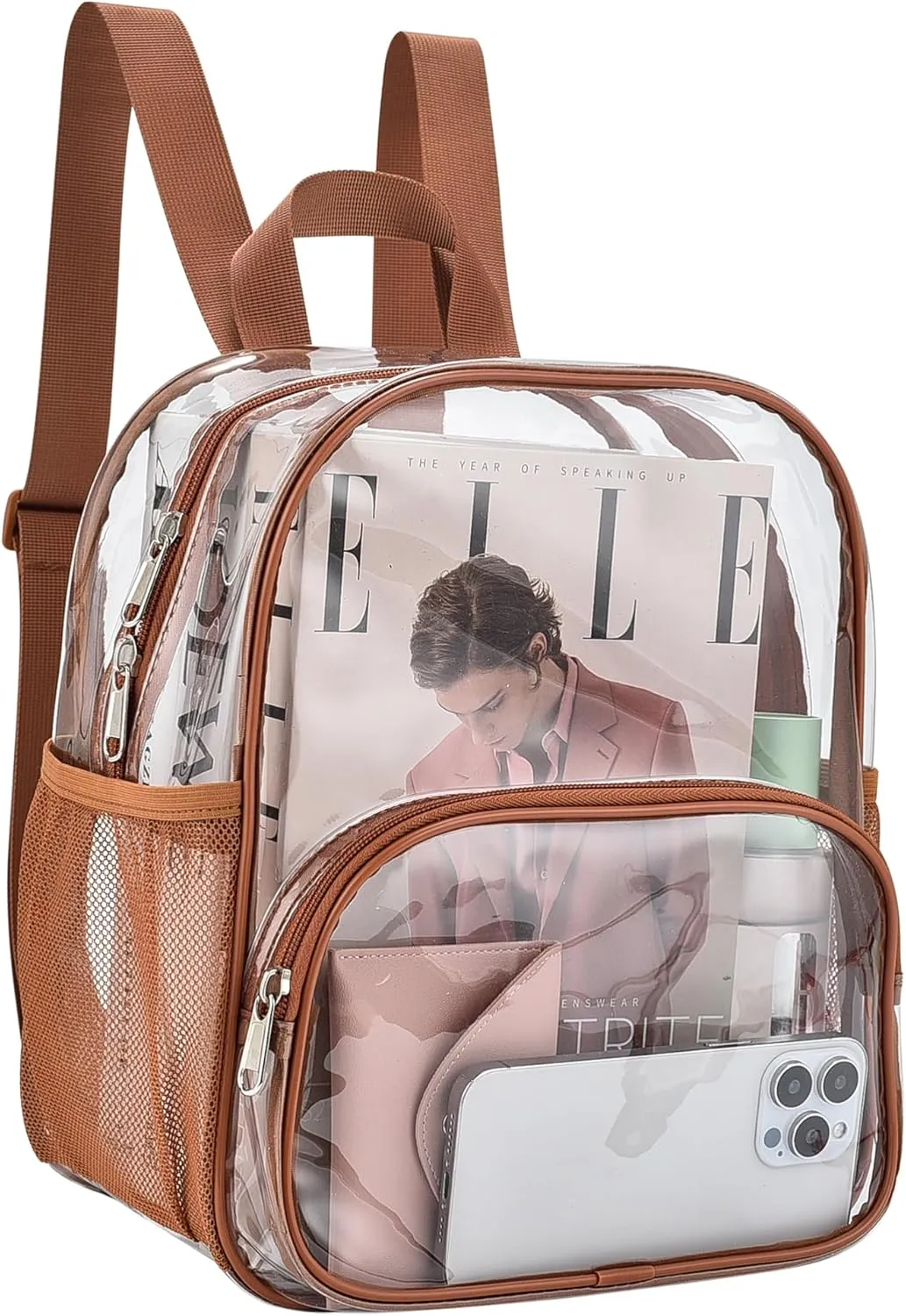 Clear Backpack for Stadium Events Clear Backpack 12x12x6 with Front Pocket for Concert Sport Fashion Women Backpack Events Work Travel(Coffee brown)
