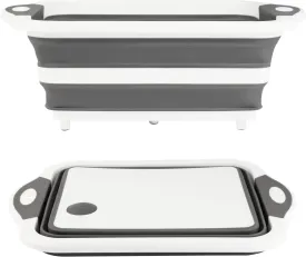 Collapsible BBQ Prep Tub/Cutting Board 10L, Foldable Dish Tub with Colander, Portable Camping Sink, Multifunction Dishing Basin Bucket Wash Tub for Kitchen Fruit Vegetable Picnic (Gray)