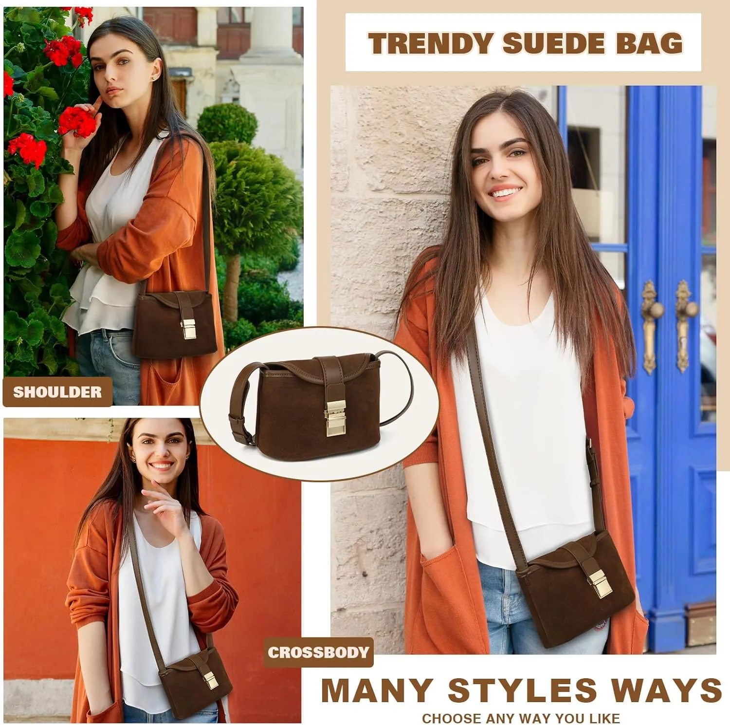Crossbody Bags for Women Small Suede Purse Retro Bucket Bags Trendy Saddle Shoulder Bag Vintage Mini Satchel Handbags