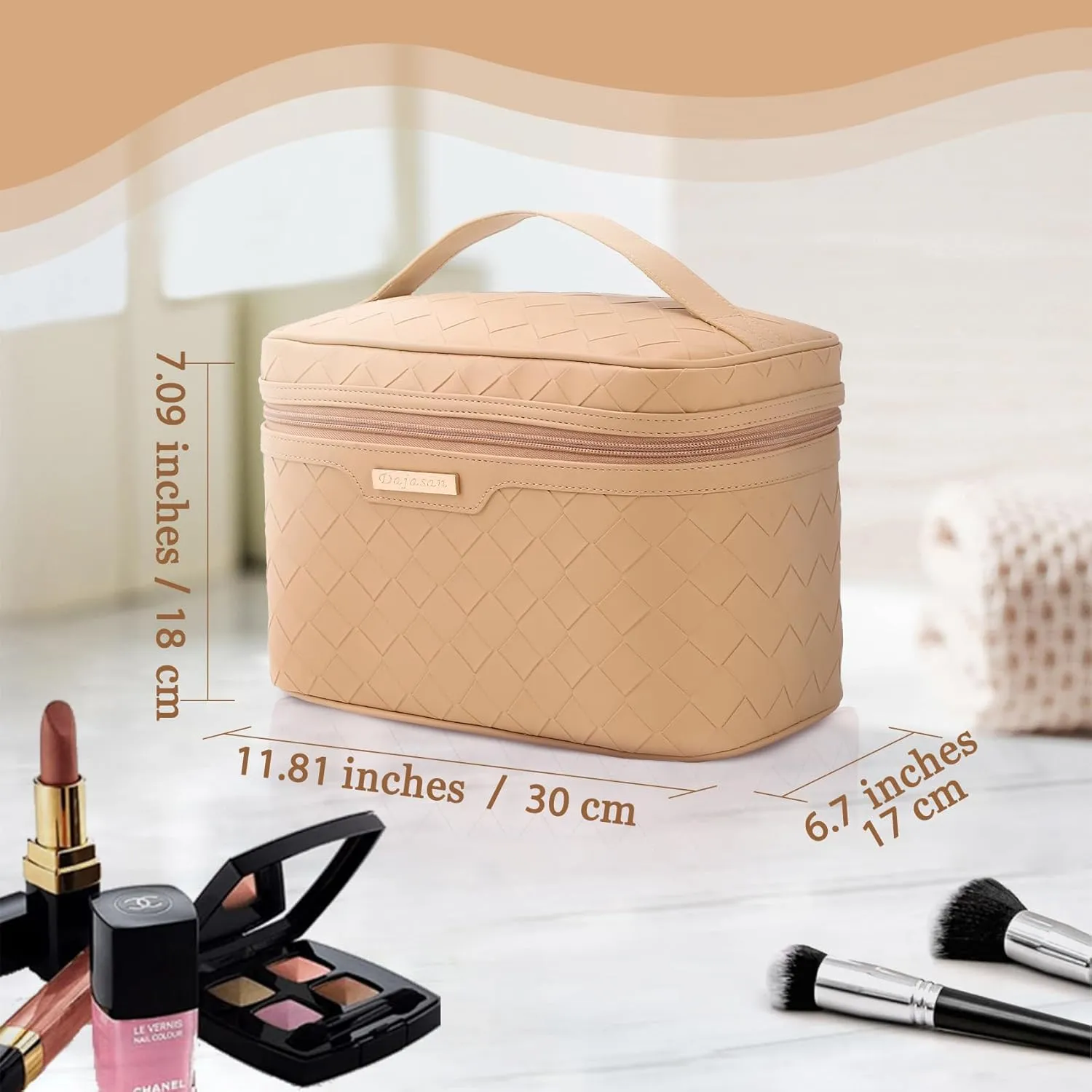 Dajasan Makeup Bag Cosmetic Bag, Travel Makeup Bag, Large Capacity Makeup Organizer Bag, Portable Travel Toiletry Bag for Women Girls, PU Leather Waterproof 11.81 x 6.7 x 7.09 Inch (Khaki)