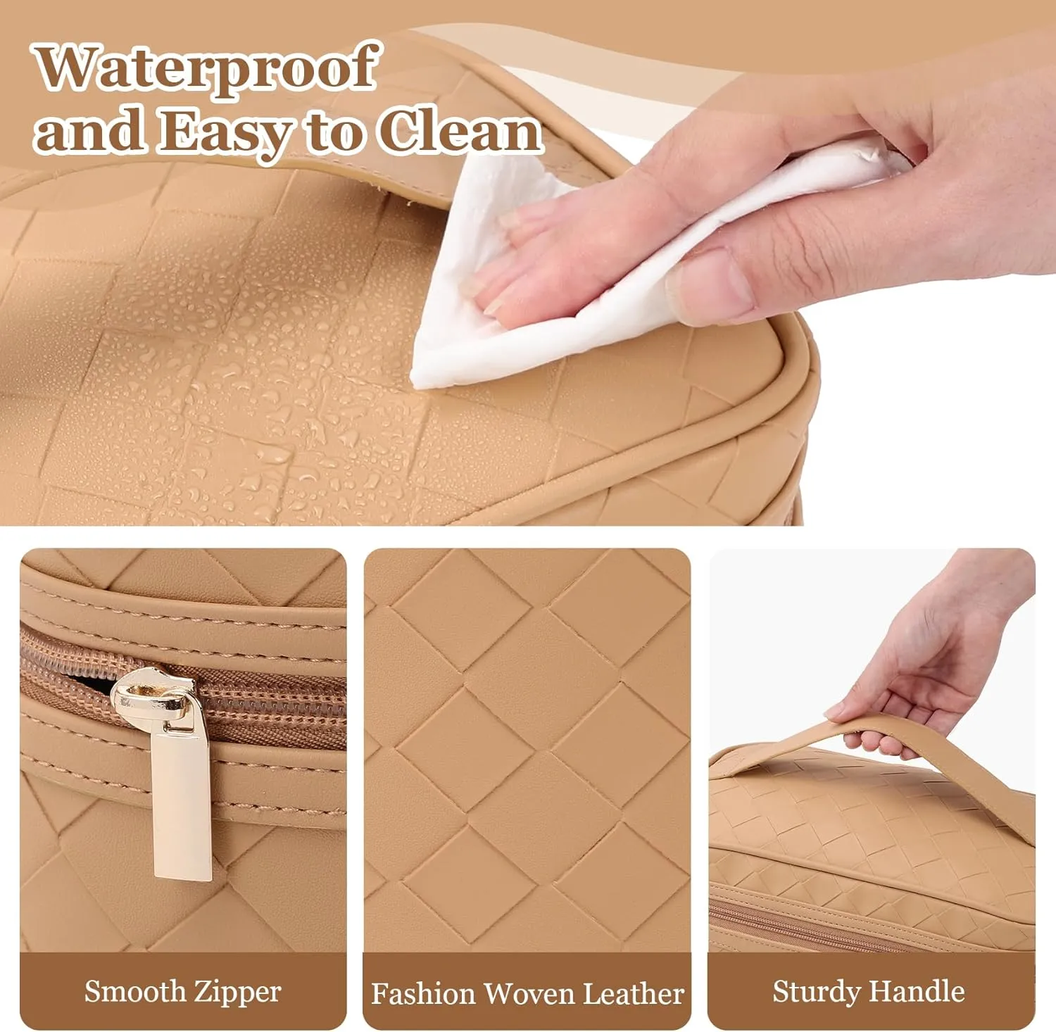 Dajasan Makeup Bag Cosmetic Bag, Travel Makeup Bag, Large Capacity Makeup Organizer Bag, Portable Travel Toiletry Bag for Women Girls, PU Leather Waterproof 11.81 x 6.7 x 7.09 Inch (Khaki)