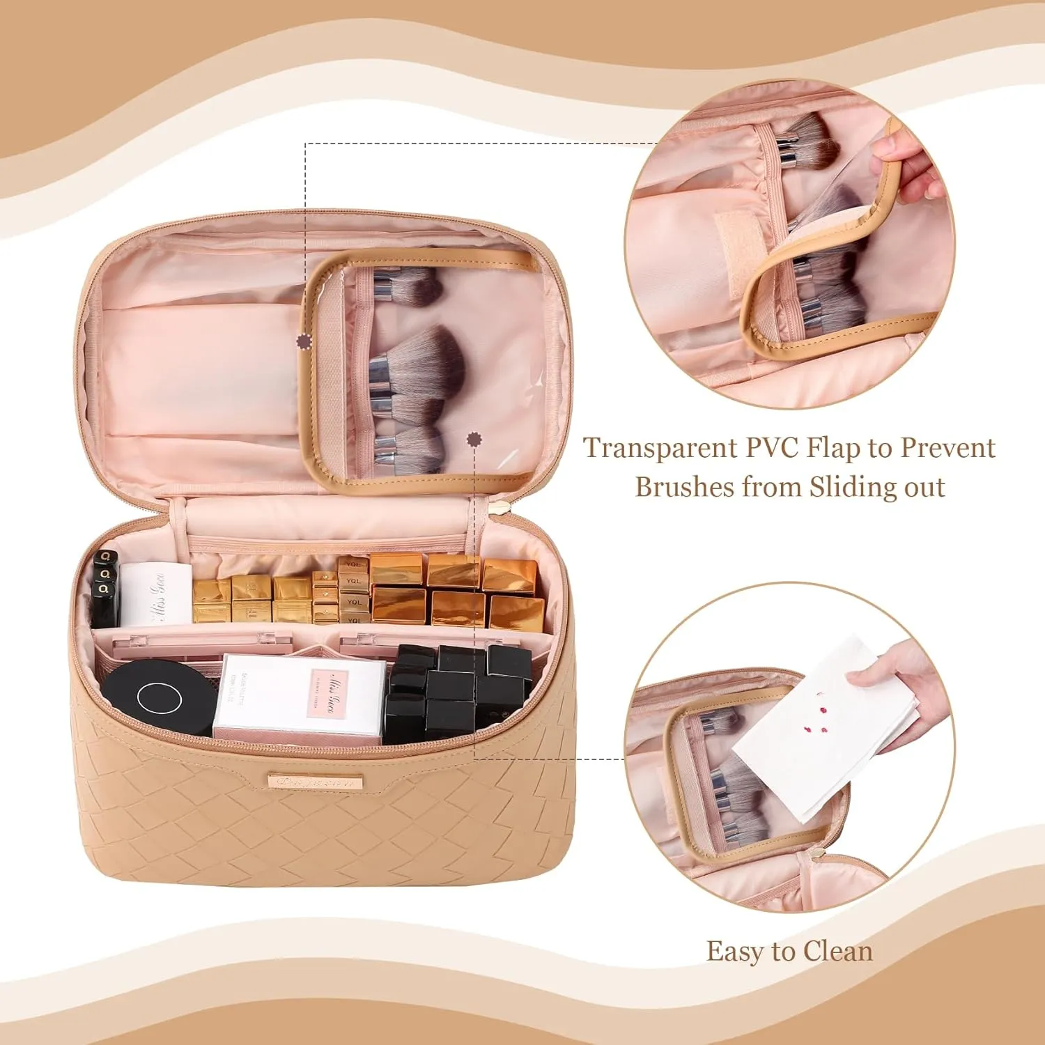 Dajasan Makeup Bag Cosmetic Bag, Travel Makeup Bag, Large Capacity Makeup Organizer Bag, Portable Travel Toiletry Bag for Women Girls, PU Leather Waterproof 11.81 x 6.7 x 7.09 Inch (Khaki)