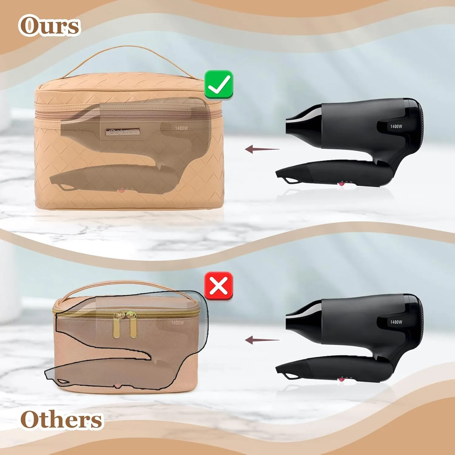 Dajasan Makeup Bag Cosmetic Bag, Travel Makeup Bag, Large Capacity Makeup Organizer Bag, Portable Travel Toiletry Bag for Women Girls, PU Leather Waterproof 11.81 x 6.7 x 7.09 Inch (Khaki)