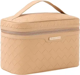 Dajasan Makeup Bag Cosmetic Bag, Travel Makeup Bag, Large Capacity Makeup Organizer Bag, Portable Travel Toiletry Bag for Women Girls, PU Leather Waterproof 11.81 x 6.7 x 7.09 Inch (Khaki)